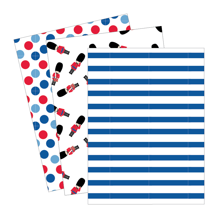 Threesheets of paper with polka dot and striped patterns on a white background