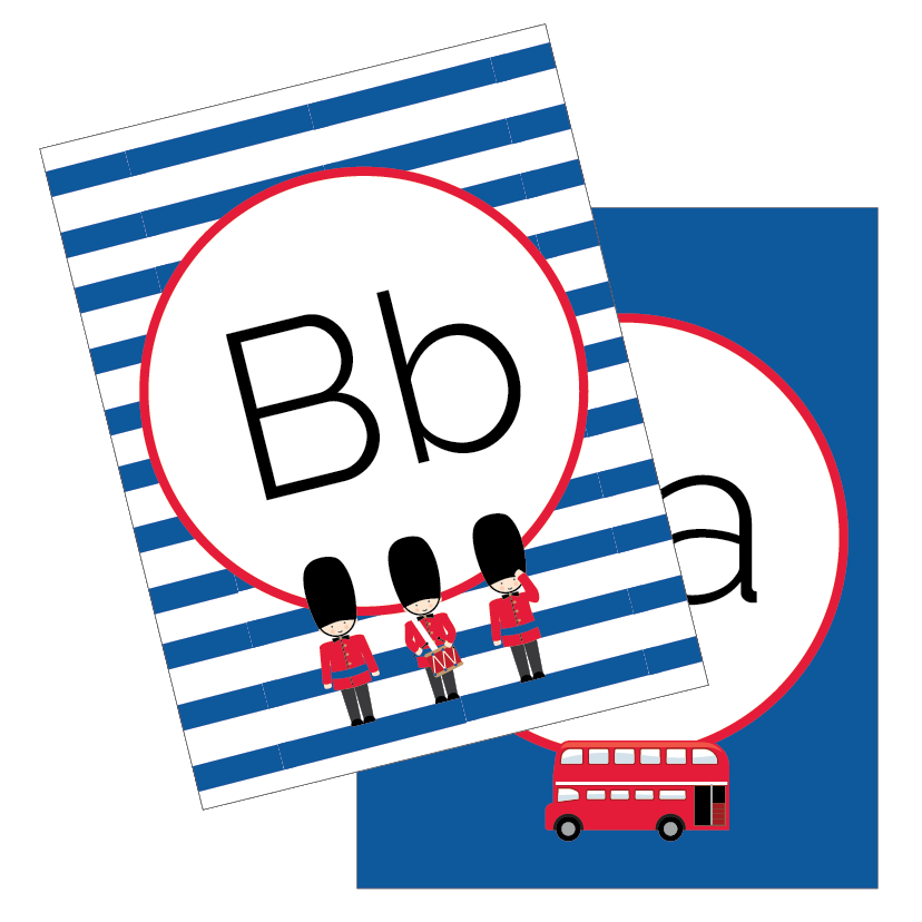 Educational cards with letters 'Bb' and 'Aa', featuring British-themed illustrations on a white background.