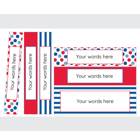Set of customisable labels with red, white, and blue patterns on a gray background