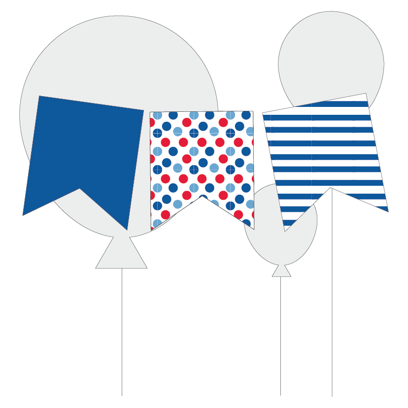 Decorative bunting with blue, red, and white patterns on a white background