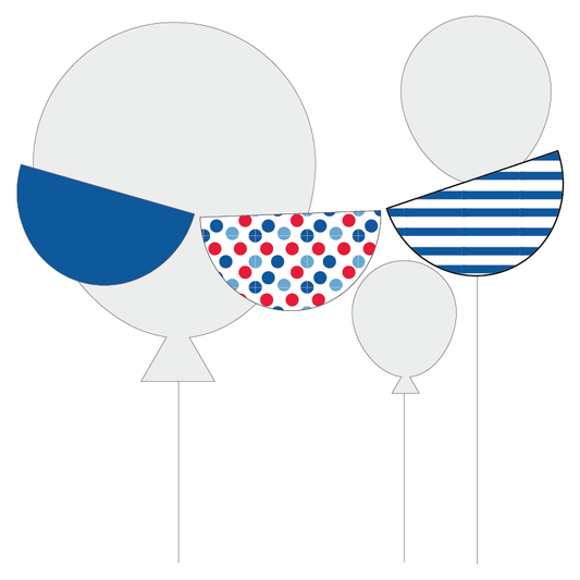 Decorative bunting with blue, red, and white patterns.