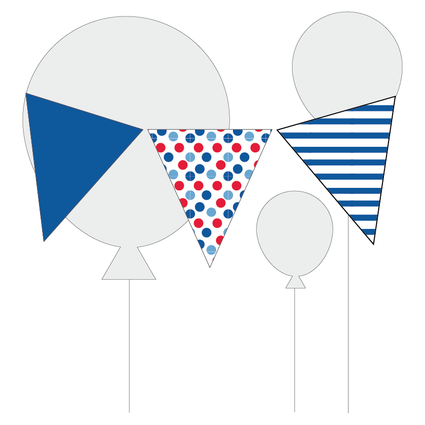 Decorative flags with blue, red, and white patterns on a white background