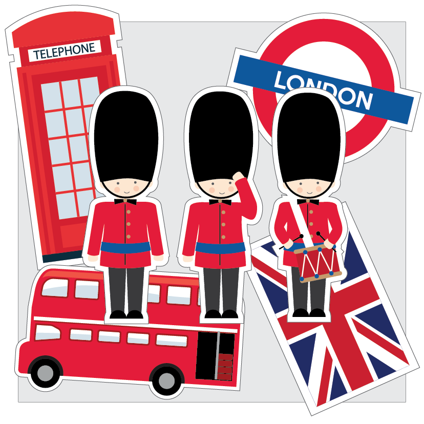 Set of London-themed stickers including a red phone box, British soldiers, a double-decker bus, and a Union Jack flag.