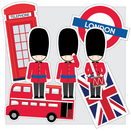 Set of London-themed stickers including a red phone box, British soldiers, a double-decker bus, and a Union Jack flag.