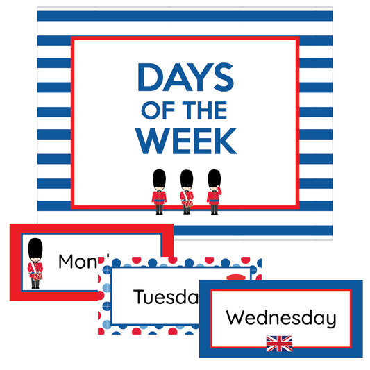 Educational chart with days of the week and British-themed design