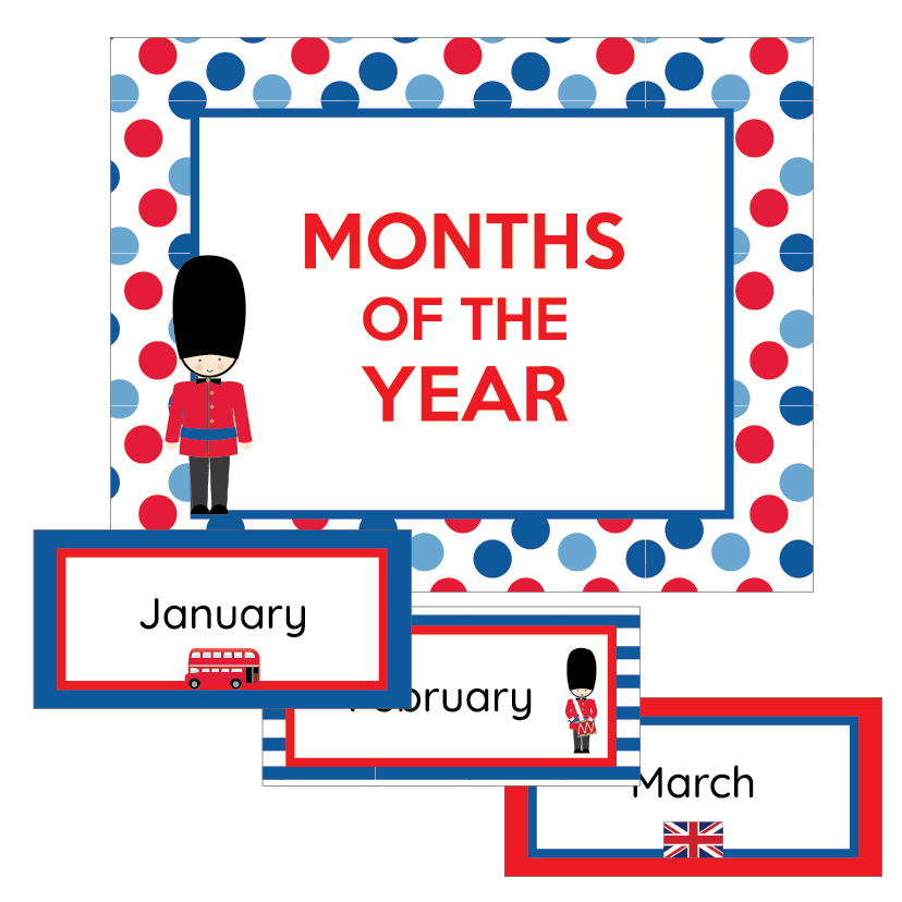 Educational chart for months of the year with British-themed design