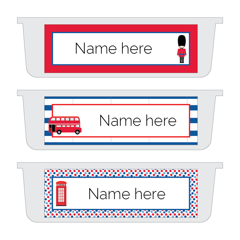 Three name labels with British-themed designs on a white background