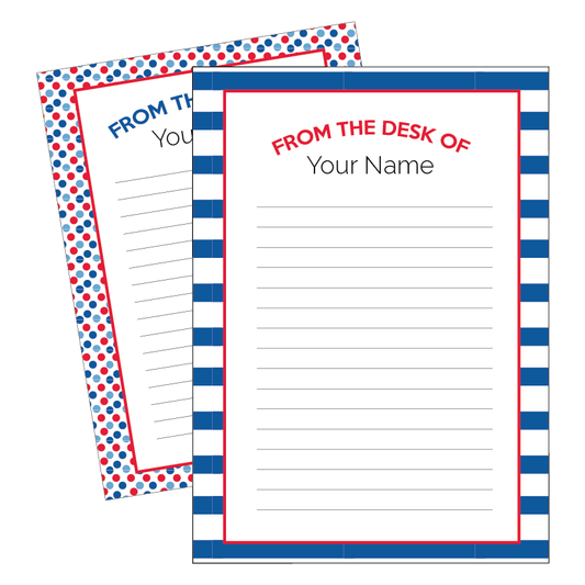 Two note paper sheets with red, white, and blue designs on a white background
