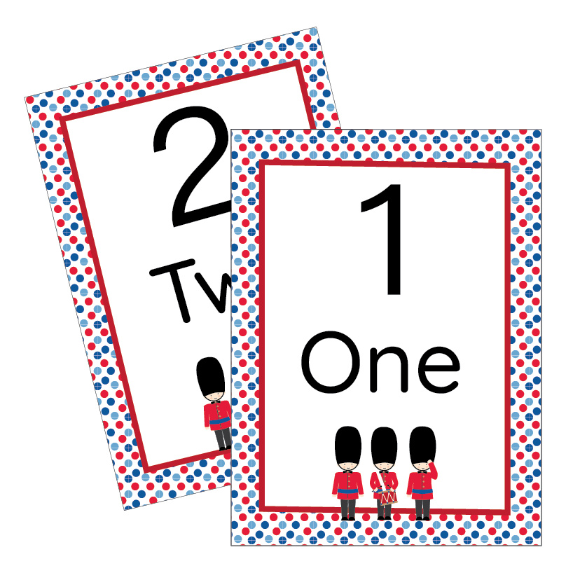 Two London Themed educational cards with numbers and text on a white background 