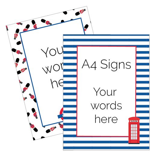 Two A4 signs with customizable text areas, one featuring a British telephone box design.