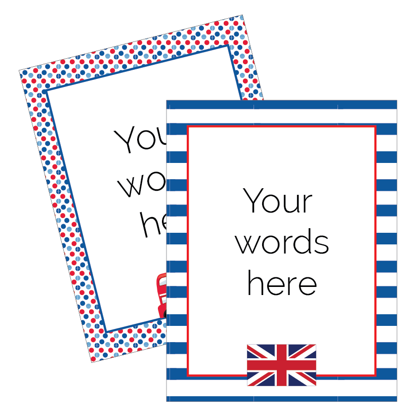 Two customisable frames with polka dot and striped designs, featuring a British flag, on a white background.