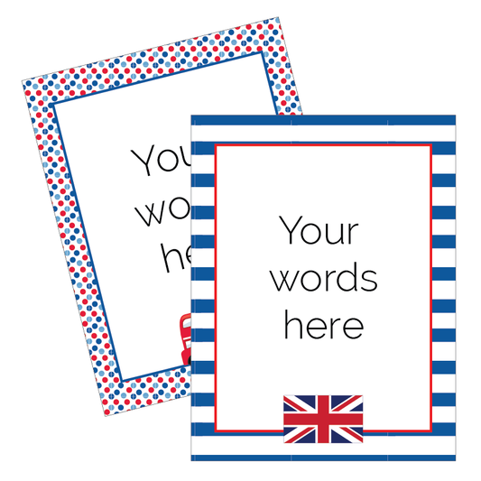 Two customisable frames with polka dot and striped designs, featuring a British flag, on a white background.