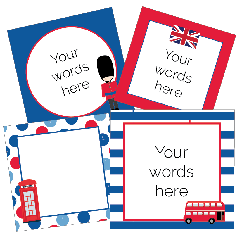 Four label cards with British-themed designs and text prompts.