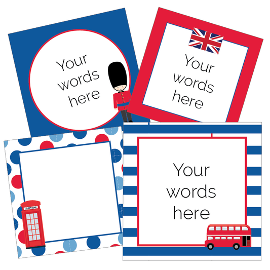 Four label cards with British-themed designs and text prompts.