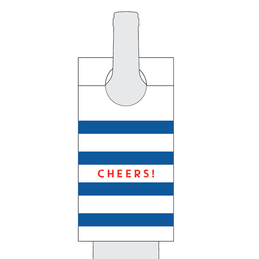 Striped label with 'Cheers!' text on a blue and white striped background