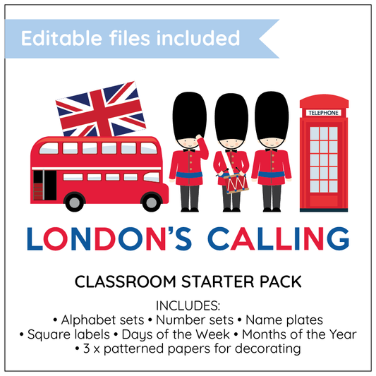 Promotional graphic for 'London's Calling' classroom starter pack with British-themed icons.