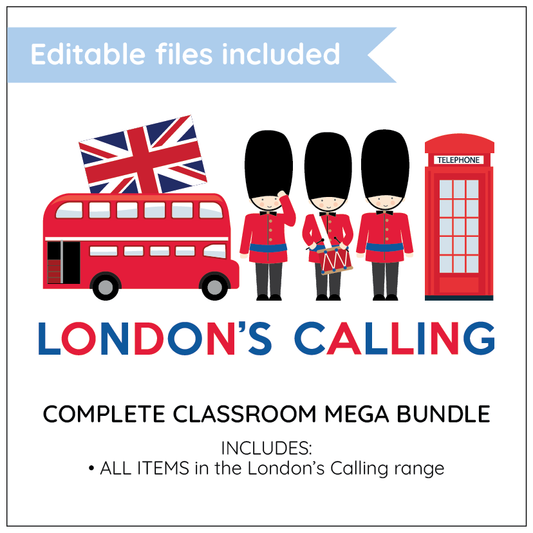 Promotional graphic for 'London's Calling' classroom bundle with British icons.