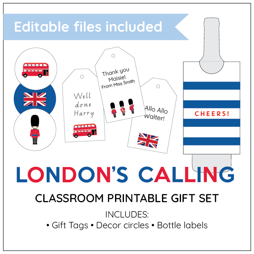 Classroom printable gift set with London-themed elements on a white background.