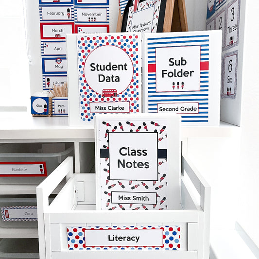 British themed folders in a white teacher trolley with supplies and labels on a white shelf.