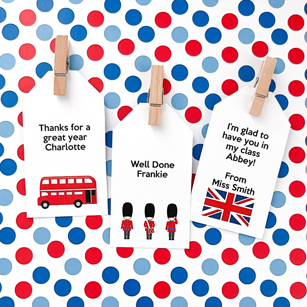 Three personalised gift cards with British-themed graphics on a polka dot background.