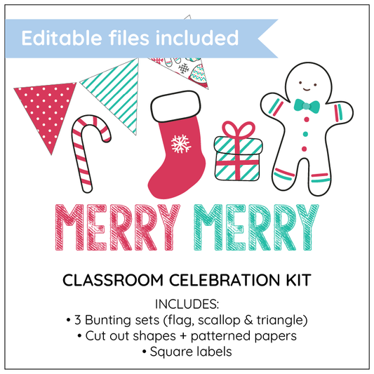 Classroom celebration kit with Christmas-themed elements on a white background