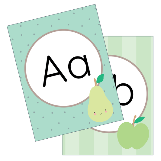 Two educational cards with letters 'A' and 'B' and illustrations of a pear and an apple on a white background.