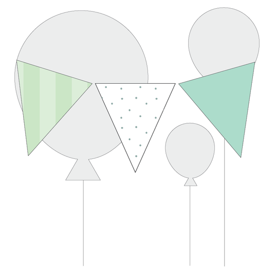 Triangle bunting flags with green and white patterns on a white background