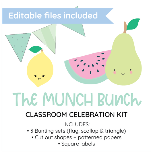 Classroom celebration kit with cute fruits and editable files included, featuring a lemon, watermelon, and pear.