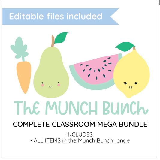 Promotional graphic for 'The Munch Bunch' complete classroom mega bundle with cartoon fruits and vegetables.