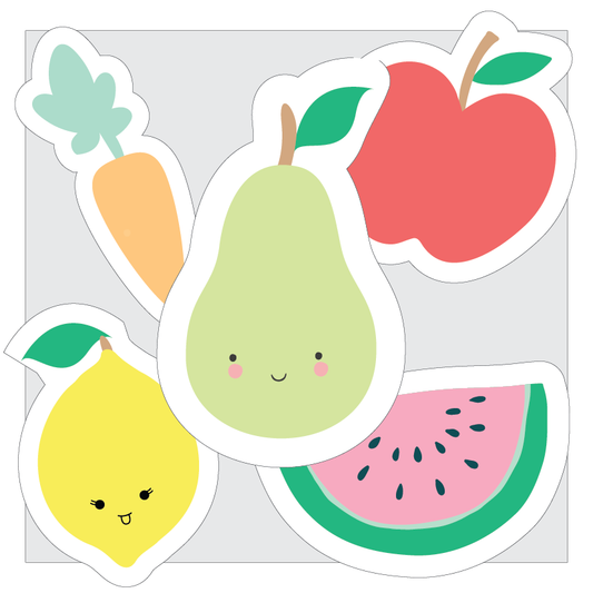 Set of cute fruit classroom accents including a pear, lemon, watermelon, apple, and carrot on a grey background.