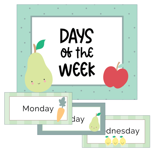 Educational poster with 'Days of the Week' text and cartoon fruits and vegetables on a light blue background.