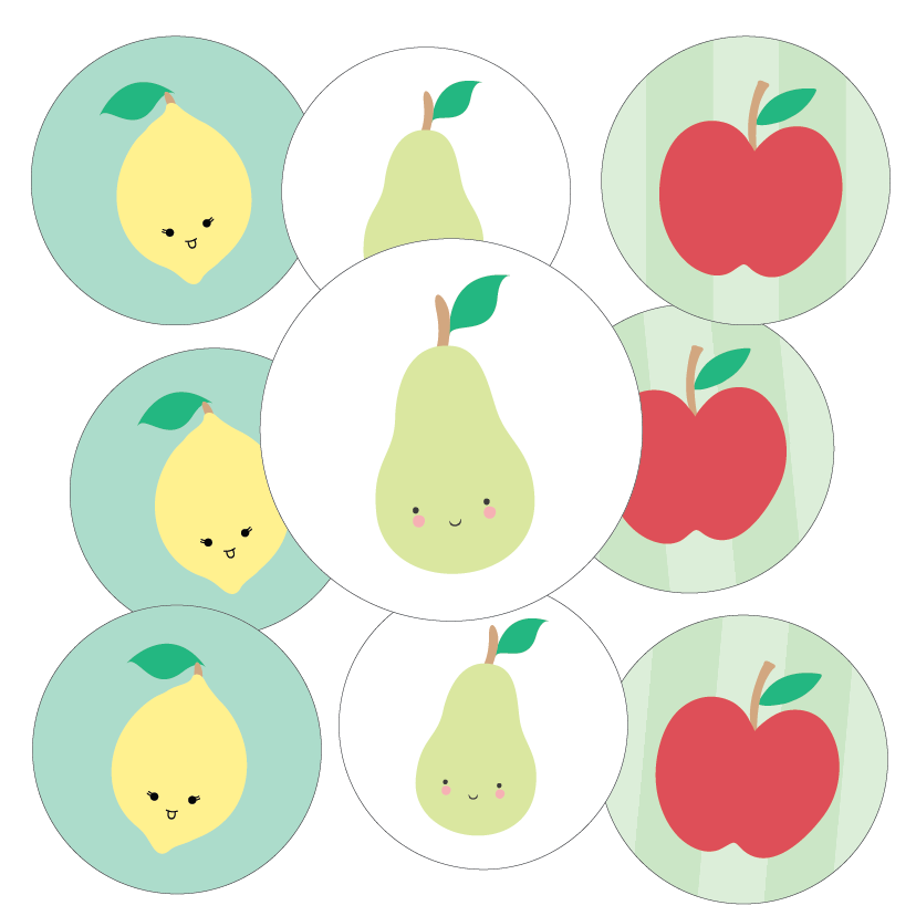 Set of round stickers with cute faces of lemons, pears, and apples on a light green background.