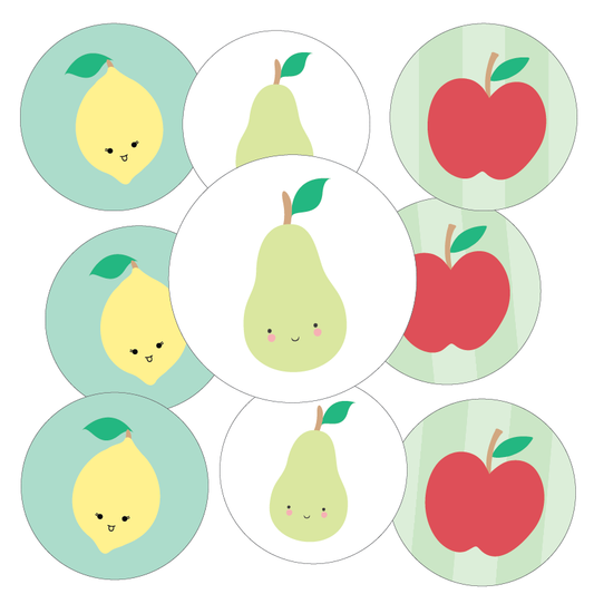 Set of round stickers with cute faces of lemons, pears, and apples on a light green background.
