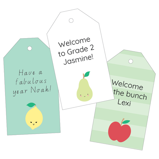 Three personalised gift tags with fruit illustrations and text on a white background