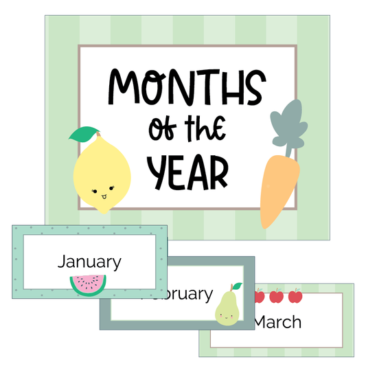 Educational poster with months of the year labels featuring fruits and vegetables.