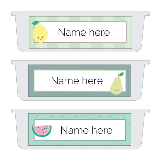 Three name labels with fruit illustrations on a white background