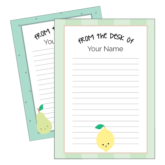 Two customisable note paper stationery sheets with cute fruit designs on a white background