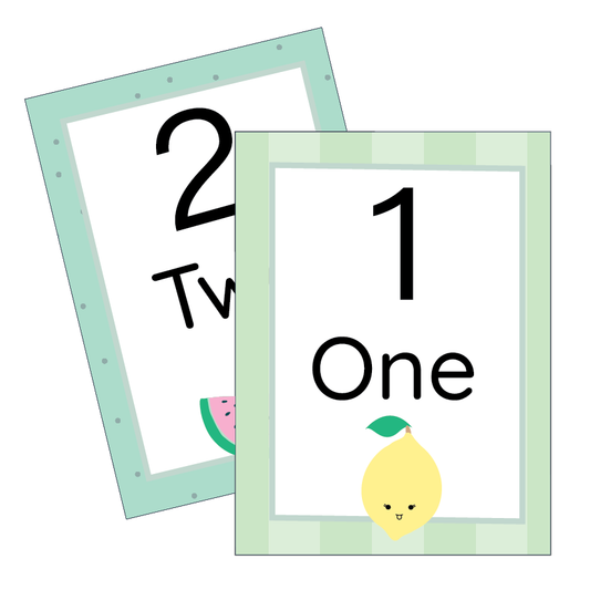 Two educational cards with numbers and words with cute fruit on a white background