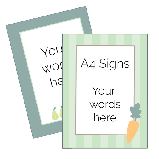 Two A4 sign templates with customizable text areas on a white background.