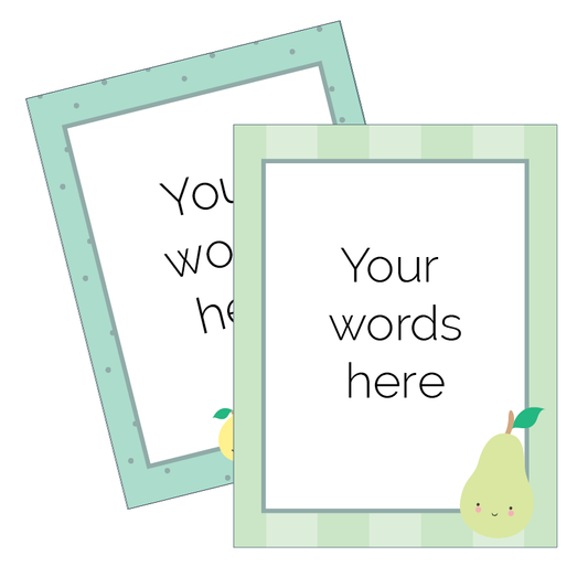 Two decorative frames with text and a pear illustration on a white background