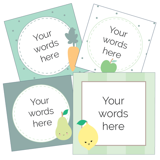 Four customisable classroom labels with cartoon fruits and vegetables on a white background