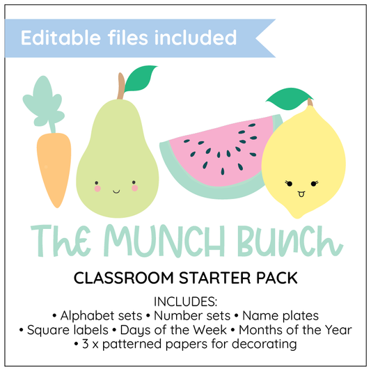 Classroom starter pack for 'The Munch Bunch' with colorful illustrations of fruits and vegetables on a white background.