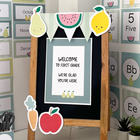 Educational classroom decor with a blackboard, colorful charts, and stationery items.