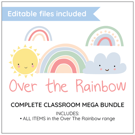 Promotional graphic for 'Over the Rainbow' classroom bundle with rainbows, sun, and cloud illustrations.