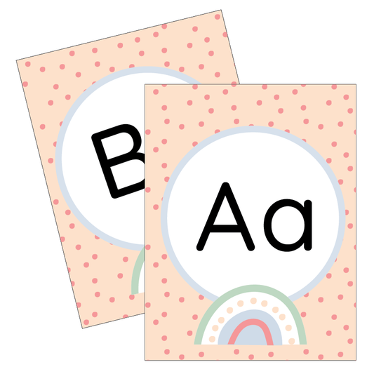 Two educational cards with letters 'B' and 'A' on a polka dot background and a rainbow graphic.