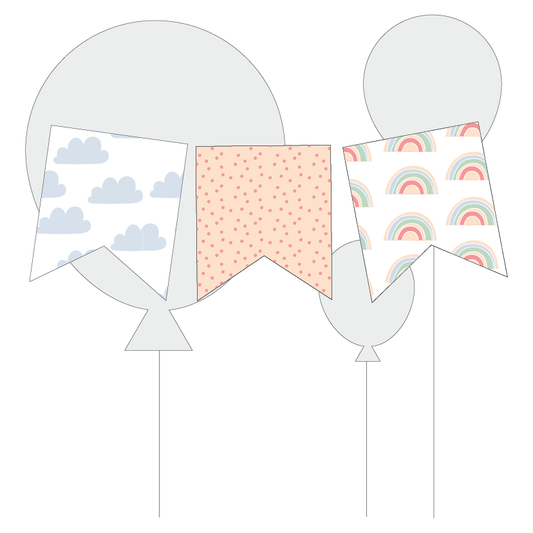 Three decorative flags with different patterns on a white background