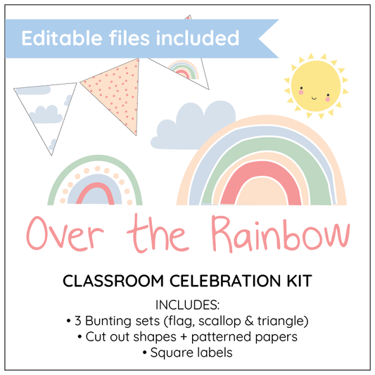 Classroom celebration kit with rainbow, sun, and bunting design on a white background.