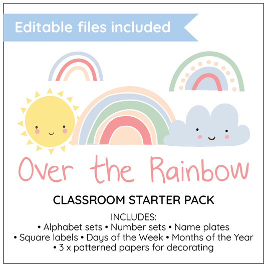 Classroom starter pack with rainbow, sun, and cloud design on a white background