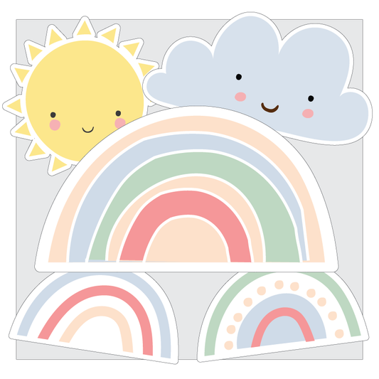 Set of colorful rainbow stickers with a sun and cloud on a light gray background