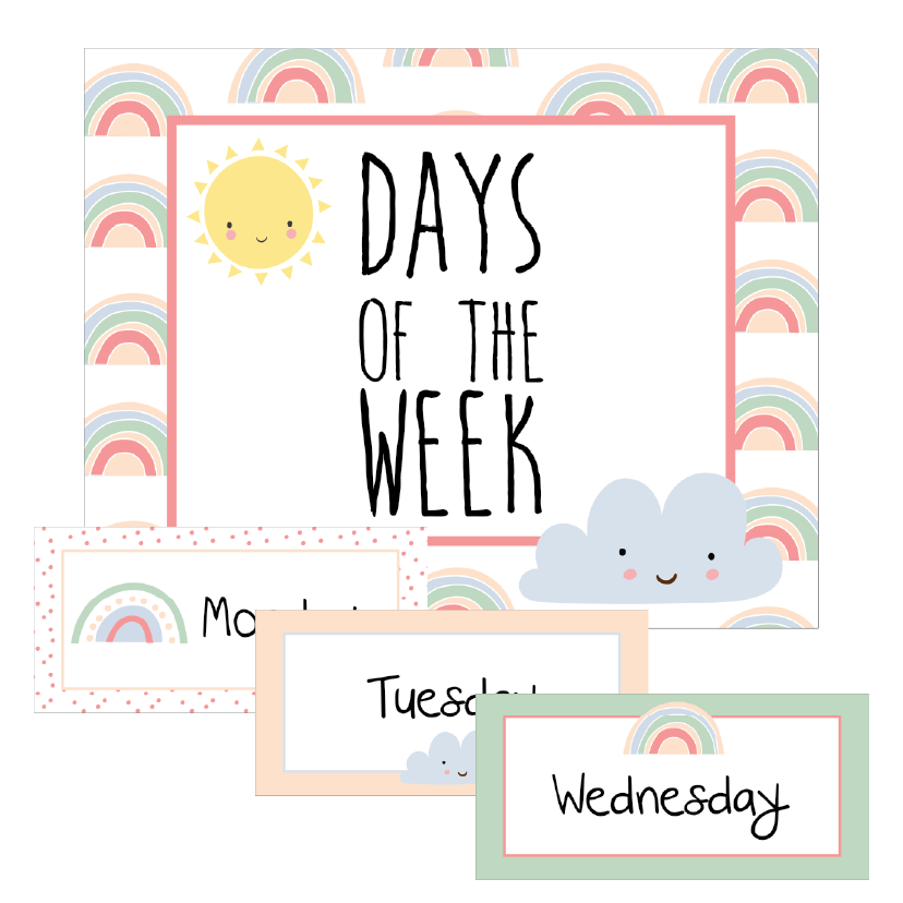 Days of the week chart with colorful rainbow and cloud designs on a rainbow background